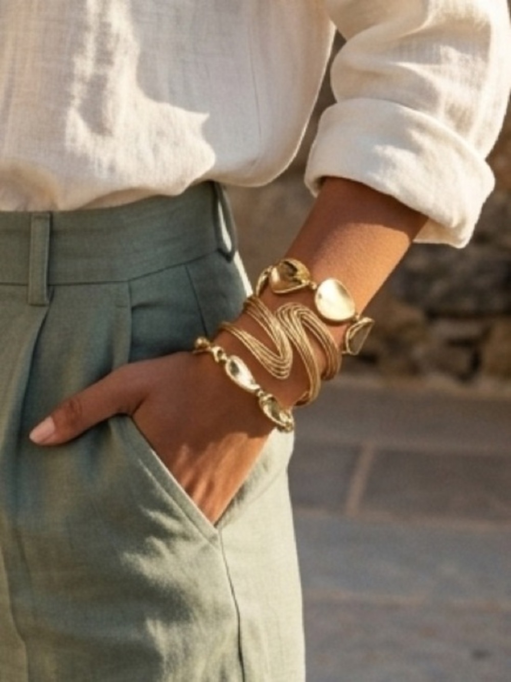 Set of Three Gold Tone Women’s Bracelet Set - Elegant Link & Disc Bangles